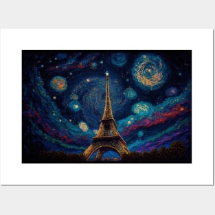 Eiffel tower under glowing stars and beautiful night sky. Posters and Art